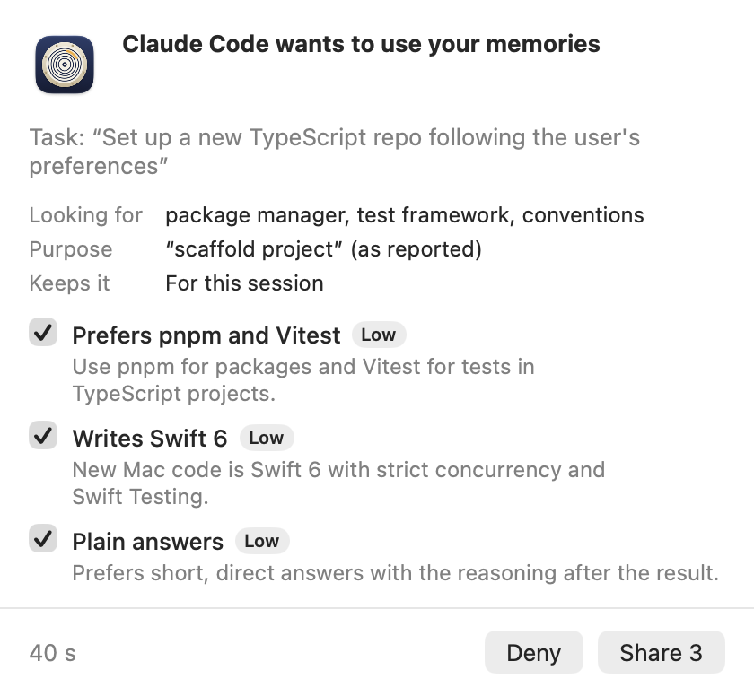 An approval panel listing the memories an agent asked for, each with a checkbox.